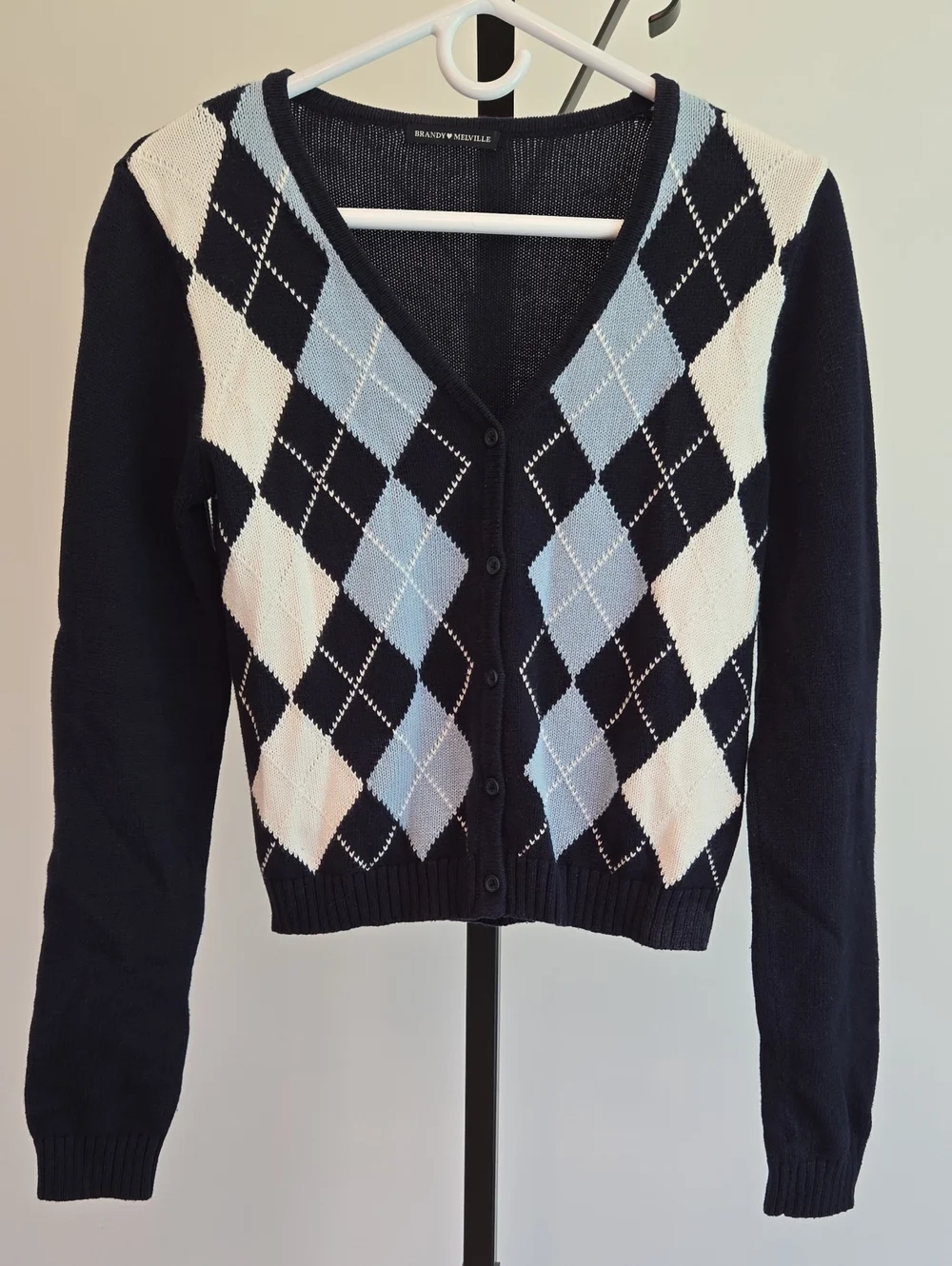 Brandy Melville Navy Light Blue White Argyle V-Neck Cardigan